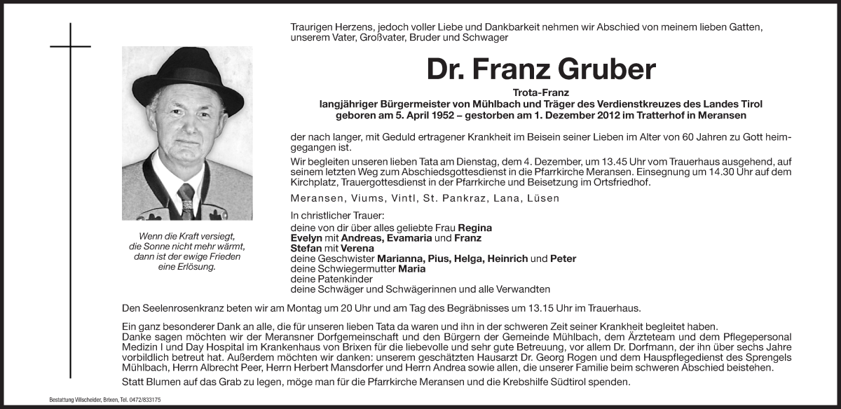  Traueranzeige für Franz Gruber vom 03.12.2012 aus Dolomiten