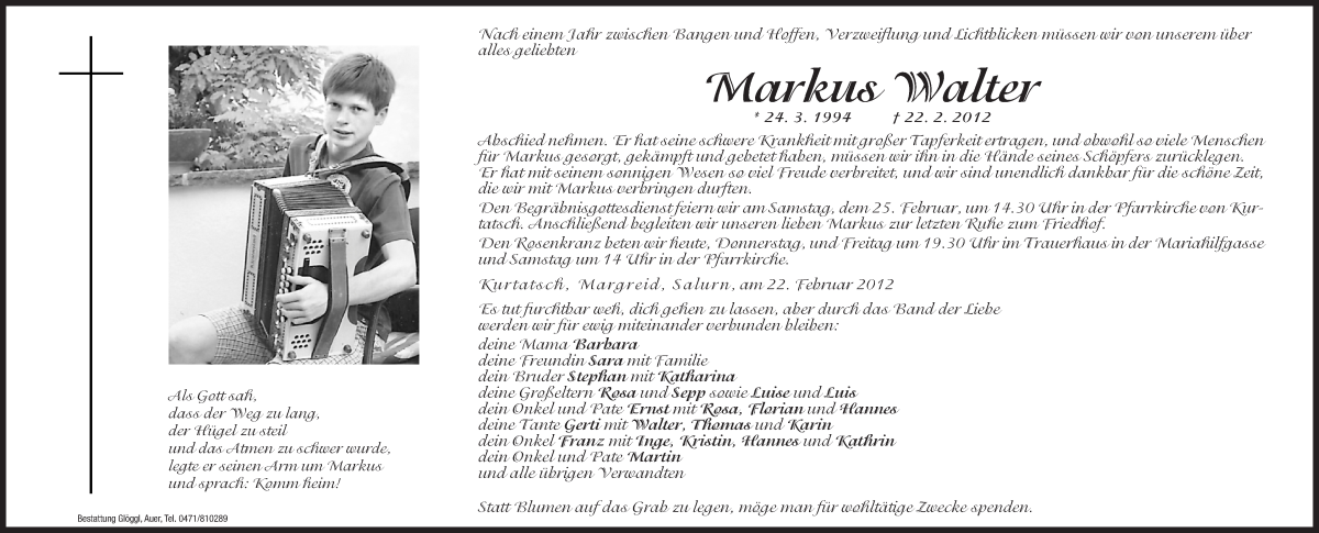 Traueranzeige für Markus Walter vom 23.02.2012 aus Dolomiten