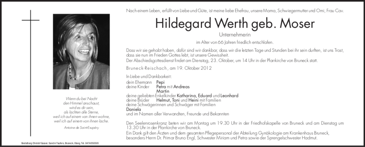  Traueranzeige für Hildegard Werth vom 22.10.2012 aus Dolomiten