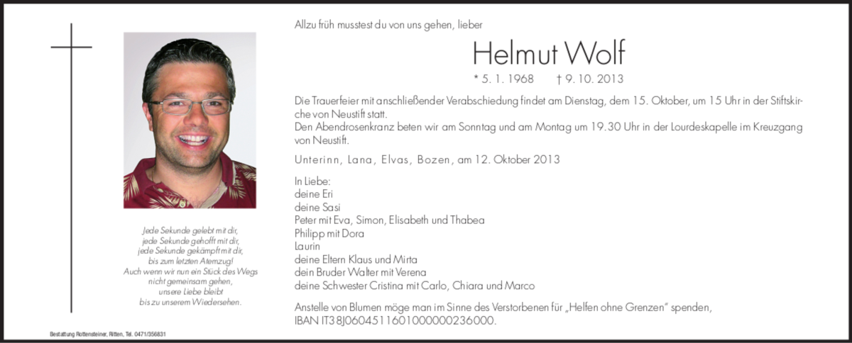  Traueranzeige für Helmut Wolf vom 12.10.2013 aus Dolomiten