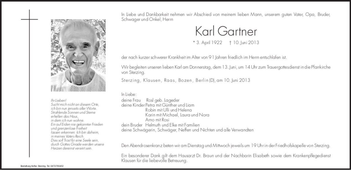  Traueranzeige für Karl Gartner vom 11.06.2013 aus Dolomiten