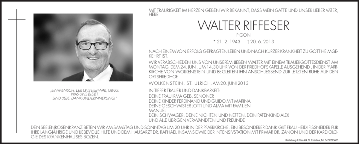  Traueranzeige für Walter Riffeser vom 22.06.2013 aus Dolomiten