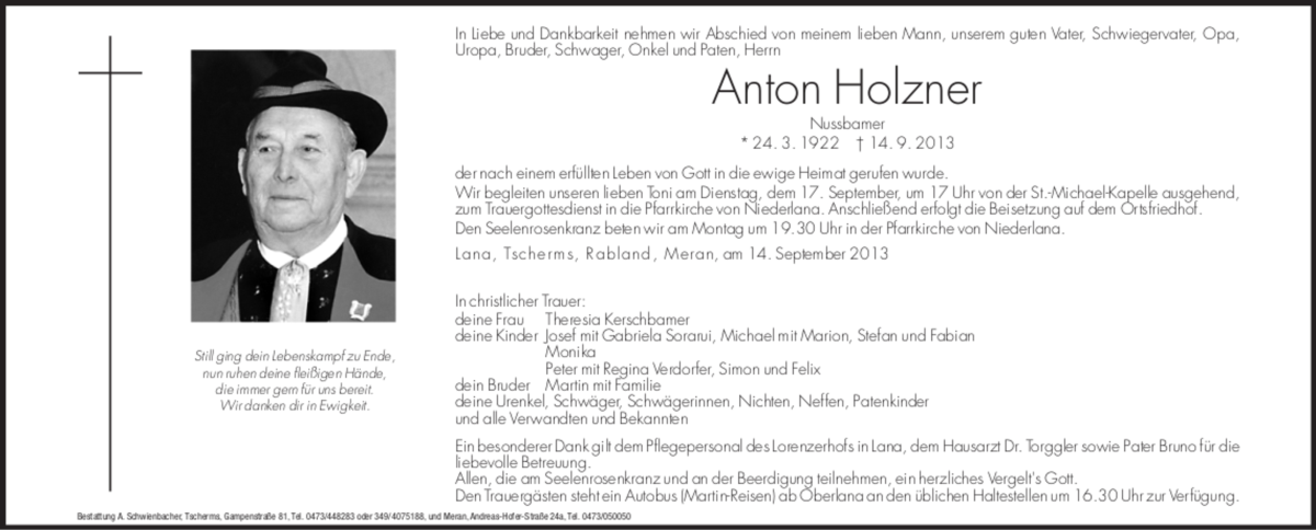  Traueranzeige für Anton Holzner vom 16.09.2013 aus Dolomiten