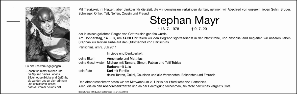  Traueranzeige für Stephan Mayr vom 13.07.2011 aus Dolomiten