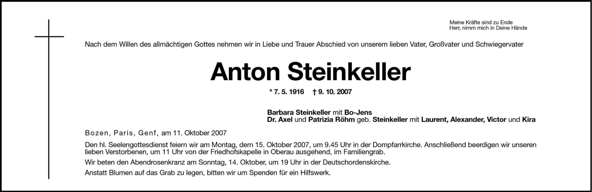  Traueranzeige für Anton Steinkeller vom 11.10.2007 aus Dolomiten