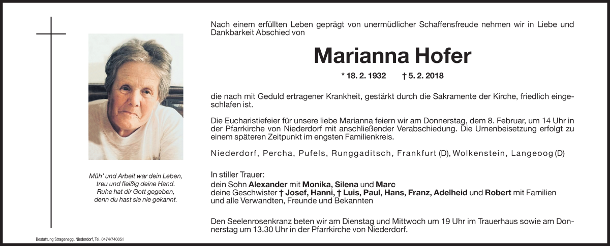 Traueranzeige für Marianna Hofer vom 06.02.2018 aus Dolomiten