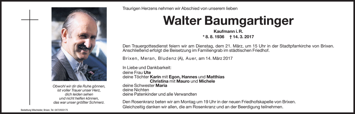  Traueranzeige für Walter Baumgartinger vom 20.03.2017 aus Dolomiten