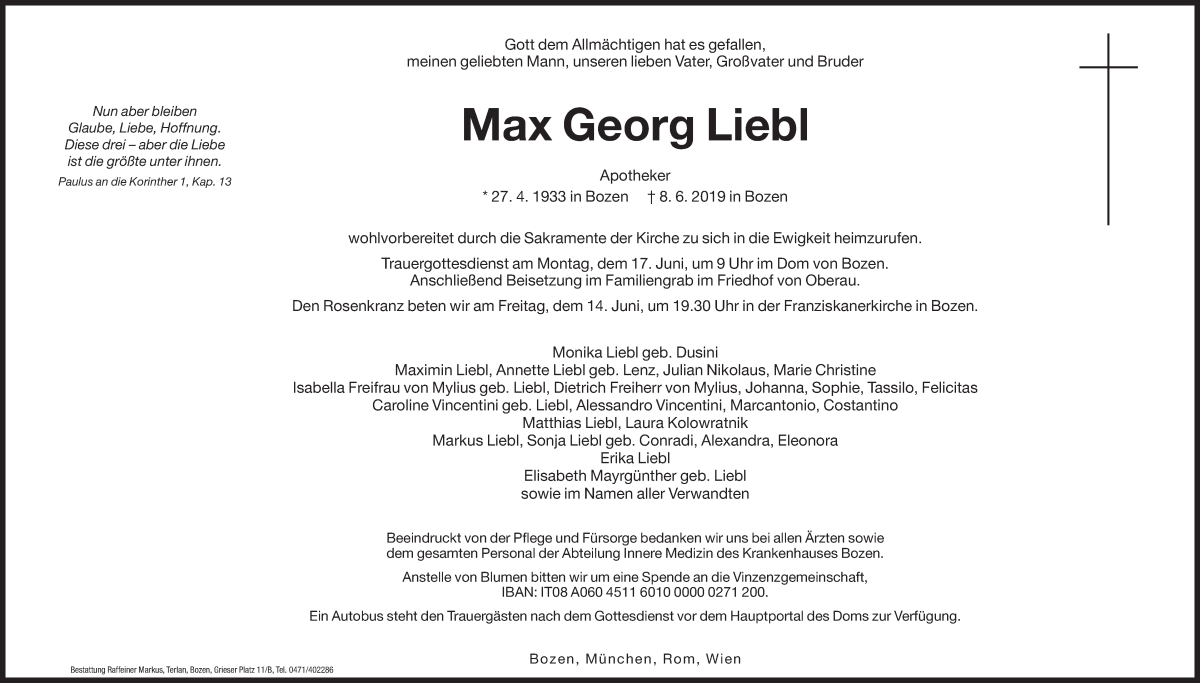  Traueranzeige für Max Georg Liebl vom 12.06.2019 aus Dolomiten