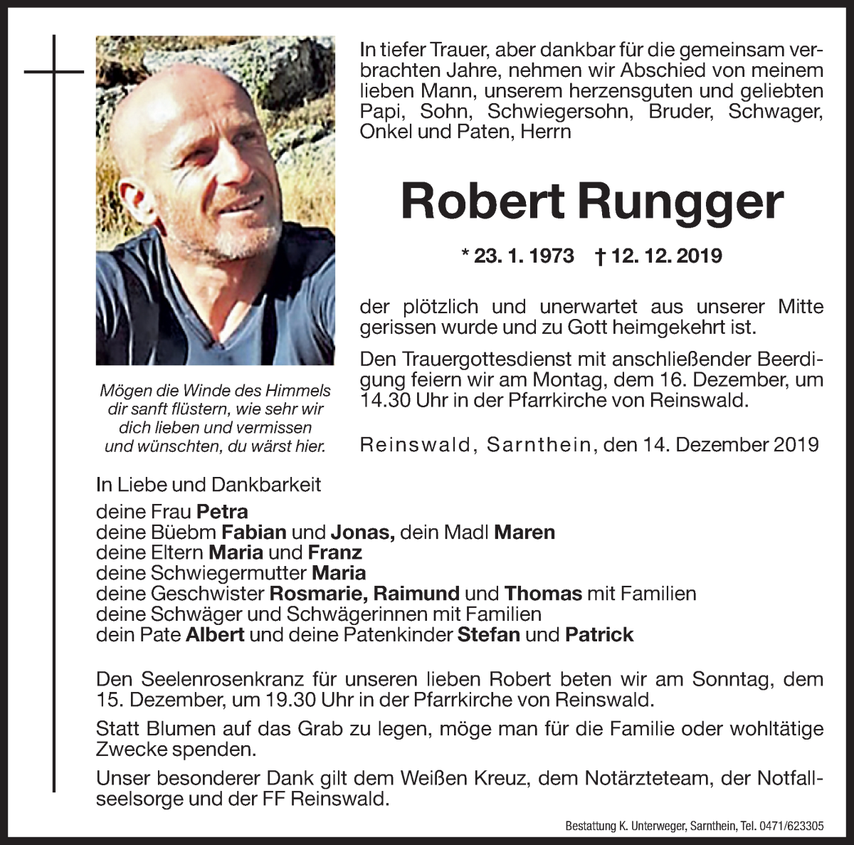  Traueranzeige für Robert Rungger vom 14.12.2019 aus Dolomiten