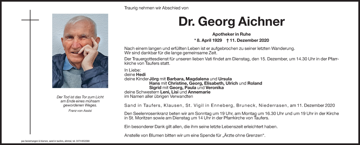  Traueranzeige für Georg Aichner vom 12.12.2020 aus Dolomiten