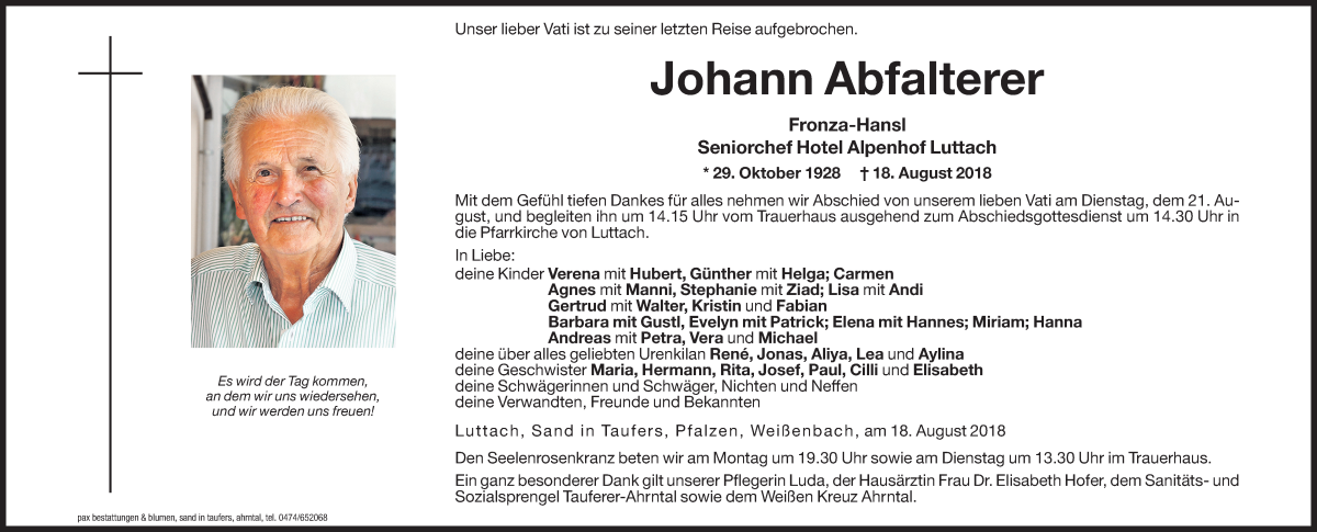  Traueranzeige für Johann Abfalterer vom 20.08.2018 aus Dolomiten