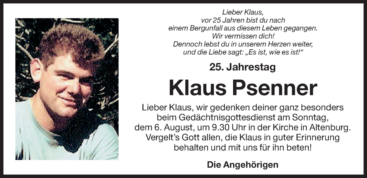  Traueranzeige für Klaus Psenner vom 04.08.2023 aus Dolomiten