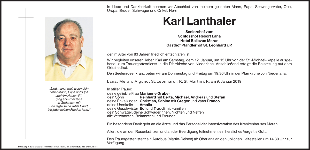  Traueranzeige für Karl Lanthaler vom 10.01.2019 aus Dolomiten