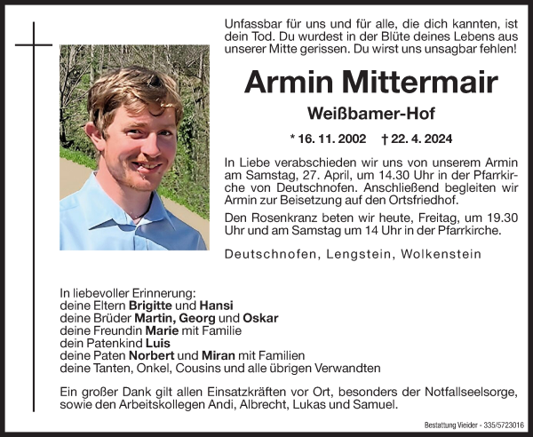 Traueranzeige von Armin Mittermair von Dolomiten