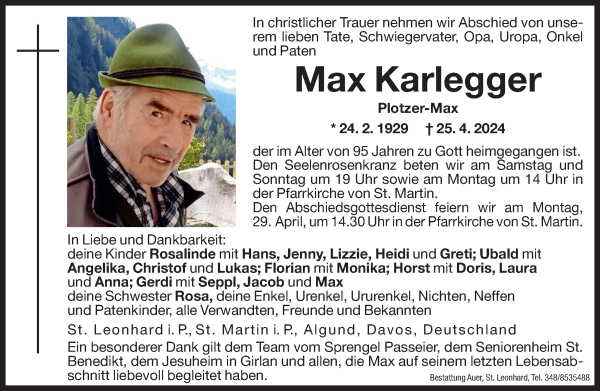 Traueranzeige von Max Karlegger von Dolomiten