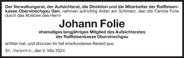 Traueranzeige von Johann Folie von Dolomiten