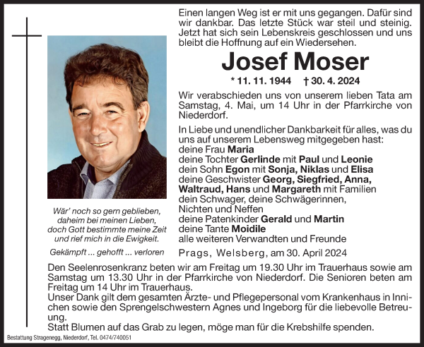 Traueranzeige von Josef Moser von Dolomiten