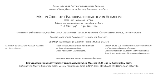 Traueranzeige von Martin Christoph Tschurtschenthaler von Helmheim von Dolomiten